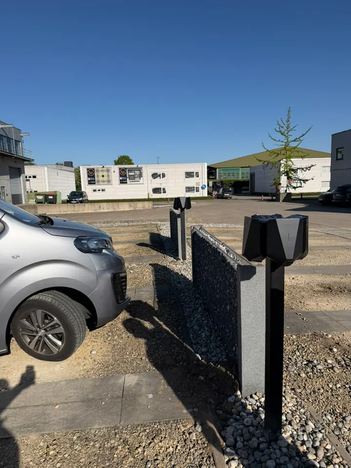 Dubbele Easee-laadpunten op zwarte montagepalen op een bedrijfsparking, geplaatst door Laadnatie.