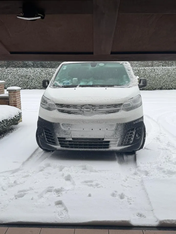 Witte Laadnatie-camionette op een besneeuwde oprit.